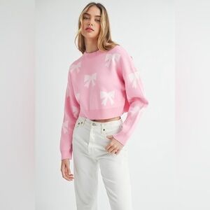 Mable Pink Round Neckline Bow Print Sweater Top